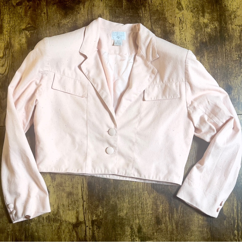 George Geogiou Pink Silk Linen Batwing Cropped Jacket Blazer